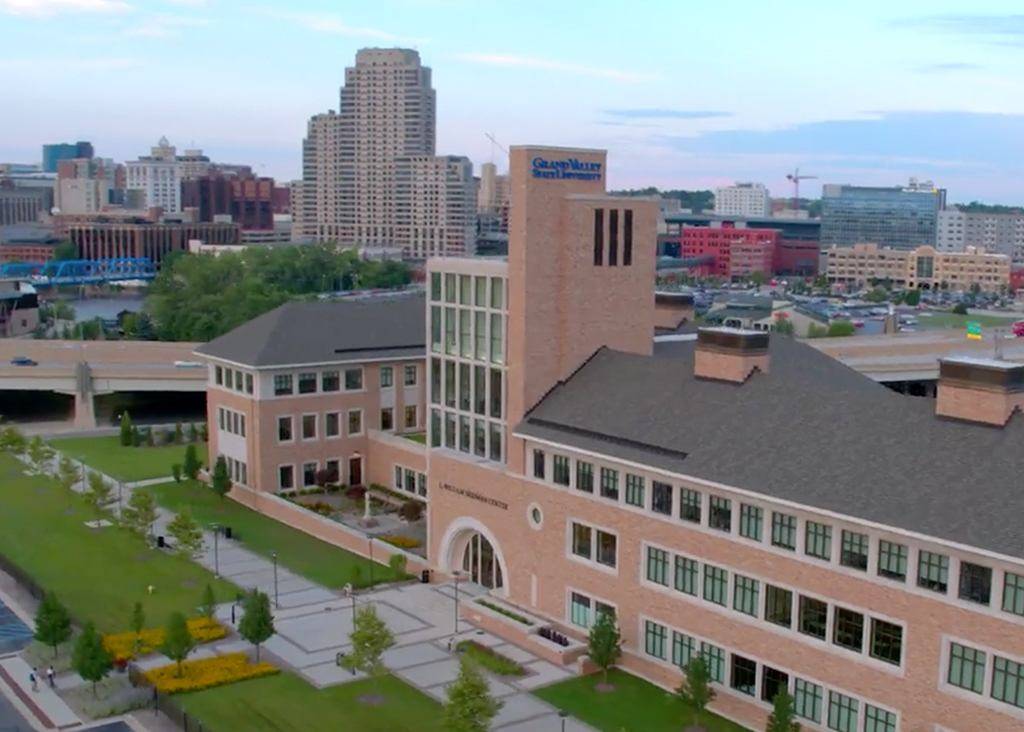 The exterior of Seidman with the city of Grand Rapids in the background.